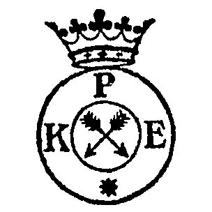 P K E und Stern zwischen 2 Kreisen, mittig rechtwinkelig gekreuzte Pfeile mit Krone darüber